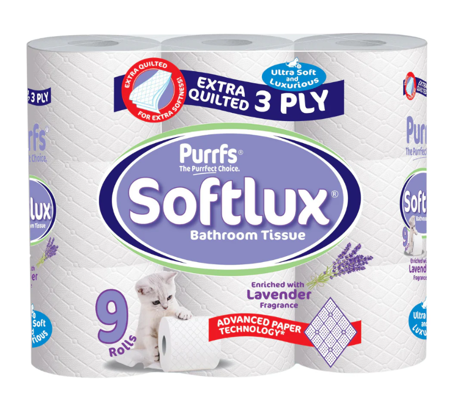 Purrffs Softlux Lavender Scented 3ply 9 Pack Toilet Rolls – Luxury Comfort with a Calming Fragrance Purrffs Softlux Lavender Scented 3ply 9 Pack Toilet Rolls – Luxury Comfort with a Calming Fragrance